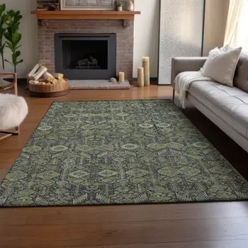 10' X 14' Green Gray And Ivory Tribal Washable Area Rug With UV Protection