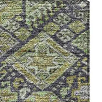 10' X 14' Green Gray And Ivory Tribal Washable Area Rug With UV Protection