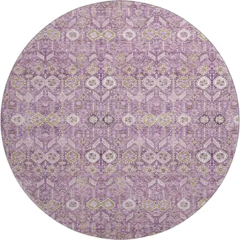 8' Lavender And Ivory Tribal Washable Round Rug With UV Protection