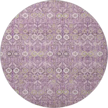 8' Lavender And Ivory Tribal Washable Round Rug With UV Protection