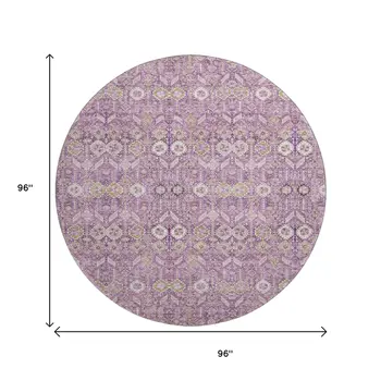 8' Lavender And Ivory Tribal Washable Round Rug With UV Protection