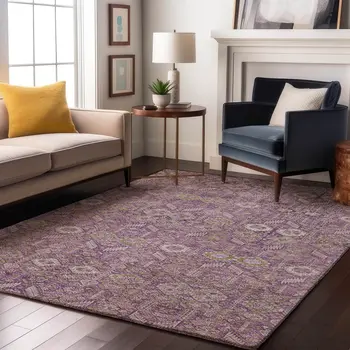10' X 14' Lavender And Ivory Tribal Washable Area Rug With UV Protection