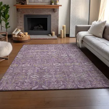 10' X 14' Lavender And Ivory Tribal Washable Area Rug With UV Protection
