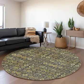8' Rust Green And Gray Tribal Washable Round Rug With UV Protection