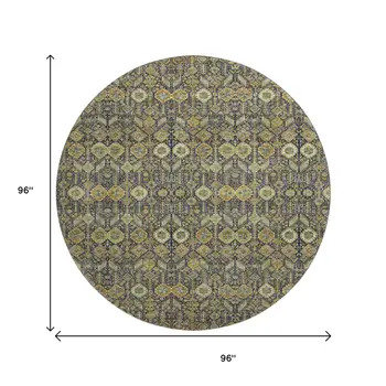 8' Rust Green And Gray Tribal Washable Round Rug With UV Protection