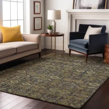 9' X 12' Rust Green And Gray Tribal Washable Area Rug With UV Protection
