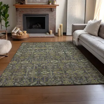 9' X 12' Rust Green And Gray Tribal Washable Area Rug With UV Protection