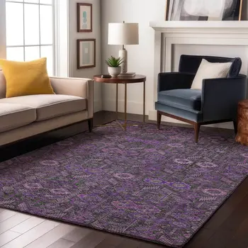 3' X 5' Purple And Ivory Tribal Washable Area Rug With UV Protection