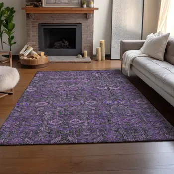 3' X 5' Purple And Ivory Tribal Washable Area Rug With UV Protection