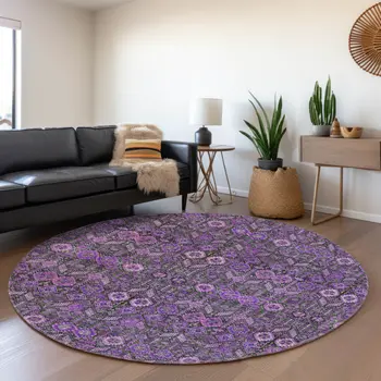 8' Purple And Ivory Tribal Washable Round Rug With UV Protection