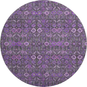 8' Purple And Ivory Tribal Washable Round Rug With UV Protection