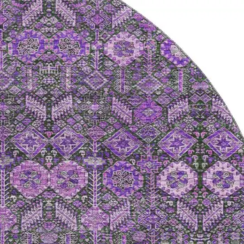 8' Purple And Ivory Tribal Washable Round Rug With UV Protection