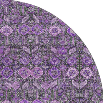 8' Purple And Ivory Tribal Washable Round Rug With UV Protection
