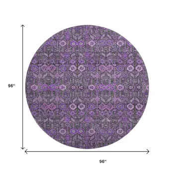 8' Purple And Ivory Tribal Washable Round Rug With UV Protection