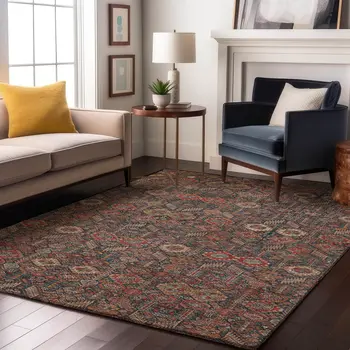 9' X 12' Red Gold And Gray Tribal Washable Area Rug With UV Protection