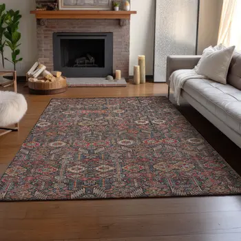9' X 12' Red Gold And Gray Tribal Washable Area Rug With UV Protection