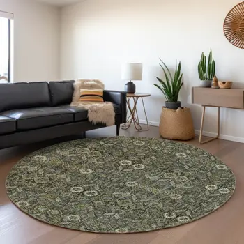 8' Taupe And Gray Tribal Washable Round Rug With UV Protection