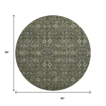 8' Taupe And Gray Tribal Washable Round Rug With UV Protection