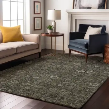 9' X 12' Taupe And Gray Tribal Washable Area Rug With UV Protection