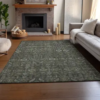 9' X 12' Taupe And Gray Tribal Washable Area Rug With UV Protection