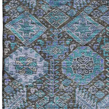 3' X 5' Teal And Gray Tribal Washable Area Rug With UV Protection