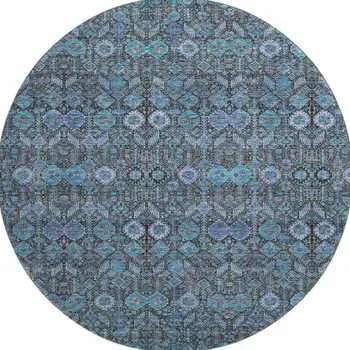 8' Teal And Gray Tribal Washable Round Rug With UV Protection