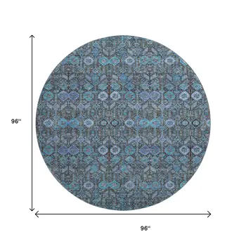 8' Teal And Gray Tribal Washable Round Rug With UV Protection