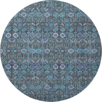 8' Teal And Gray Tribal Washable Round Rug With UV Protection
