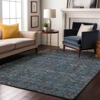 10' X 14' Teal And Gray Tribal Washable Area Rug With UV Protection