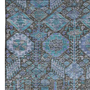 10' X 14' Teal And Gray Tribal Washable Area Rug With UV Protection