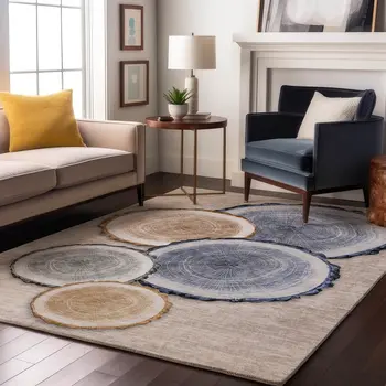 3' X 5' Beige Blue And Ivory Woodland Lodge Washable Area Rug With UV Protection