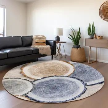 8' Beige Blue And Ivory Woodland Lodge Washable Round Rug With UV Protection