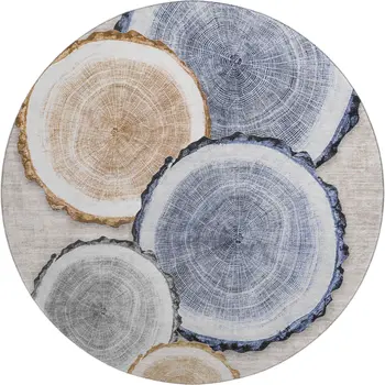 8' Beige Blue And Ivory Woodland Lodge Washable Round Rug With UV Protection