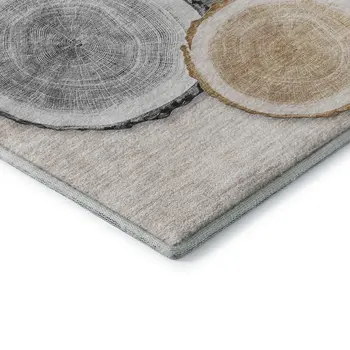 8' Beige Blue And Ivory Woodland Lodge Washable Round Rug With UV Protection