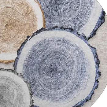 8' Beige Blue And Ivory Woodland Lodge Washable Round Rug With UV Protection