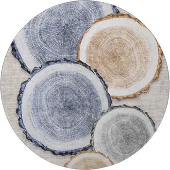 8' Beige Blue And Ivory Woodland Lodge Washable Round Rug With UV Protection