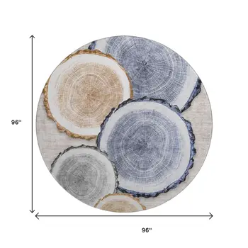 8' Beige Blue And Ivory Woodland Lodge Washable Round Rug With UV Protection