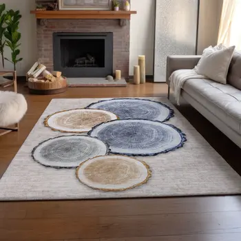 9' X 12' Beige Blue And Ivory Woodland Lodge Washable Area Rug With UV Protection