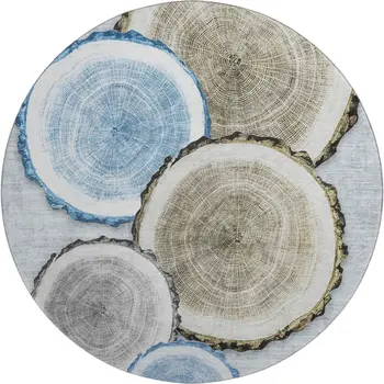 8' Blue Brown And Ivory Woodland Lodge Washable Round Rug With UV Protection
