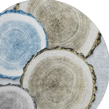 8' Blue Brown And Ivory Woodland Lodge Washable Round Rug With UV Protection