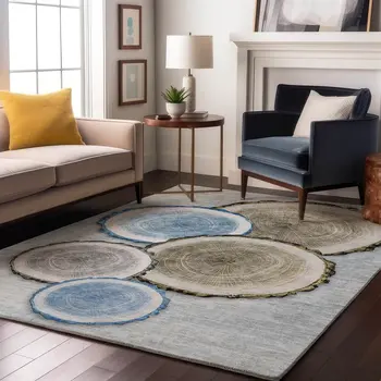 8' X 10' Blue Brown And Ivory Woodland Lodge Washable Area Rug With UV Protection