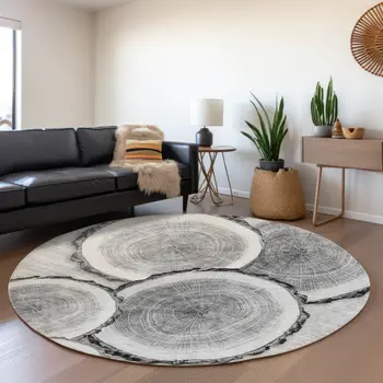 8' Gray And Ivory Woodland Lodge Washable Round Rug With UV Protection