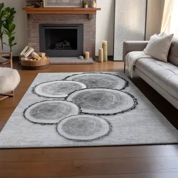 9' X 12' Gray And Ivory Woodland Lodge Washable Area Rug With UV Protection