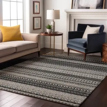 3' X 5' Black And Ivory Striped Washable Area Rug With UV Protection