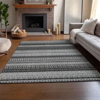 3' X 5' Black And Ivory Striped Washable Area Rug With UV Protection