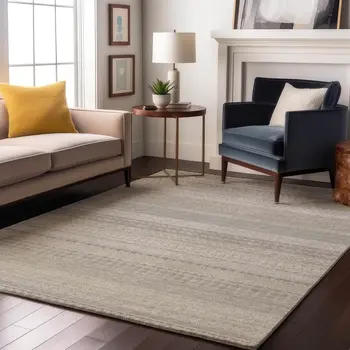 5' X 8' Ivory And Beige Striped Washable Area Rug With UV Protection