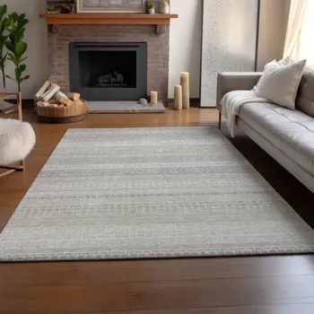 5' X 8' Ivory And Beige Striped Washable Area Rug With UV Protection
