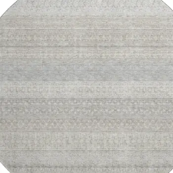 8' Ivory And Beige Striped Washable Round Rug With UV Protection