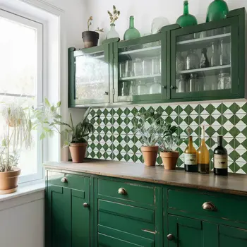 6" x 6" Green Vinyl Arabesque Peel And Stick Removable Tiles