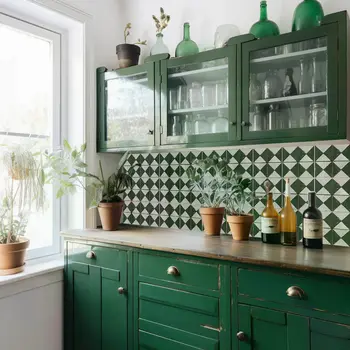 6" x 6" Green Vinyl Arabesque Peel And Stick Removable Tiles